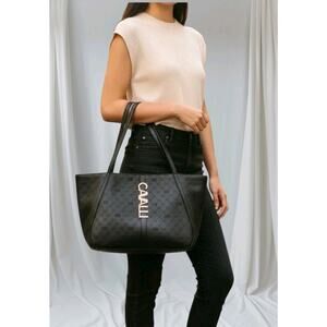 Cavalli Class Sandra Shopper Tote Bag Black Debossed Designer Tote Handbag NWT